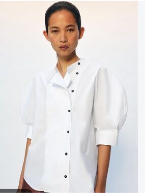 NWT ZARA White Poplin Button-Front Puff-Sleeve Shirt